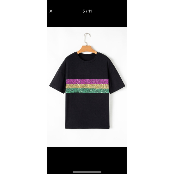 Black Mardi Gras Sequins Striped Crew Neck Tshirt - Picture 5 of 9